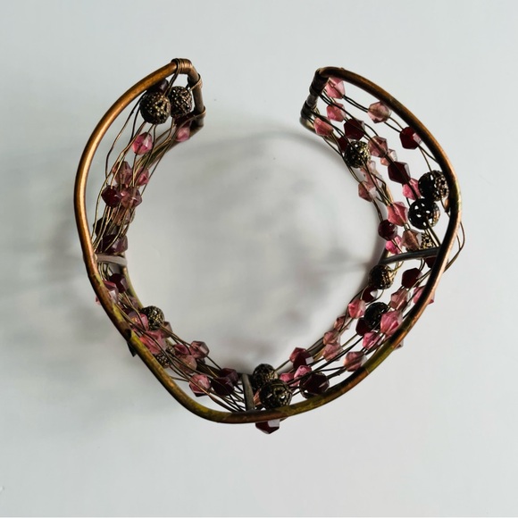Wire Cuff Bracelet with Pink and Brown Beads - Picture 2 of 16